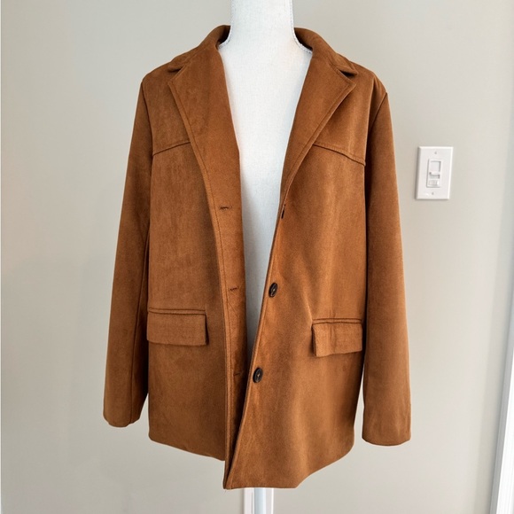 Faux Suede Brown Lapel Collar Button Up Oversized Jacket Blazer Small - Picture 10 of 14